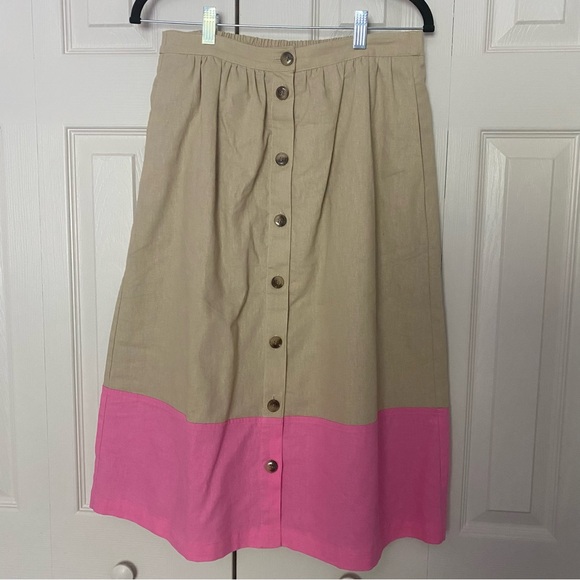 J Crew Colorblock Midi Skirt Pink and Khaki Size Small - Picture 2 of 9